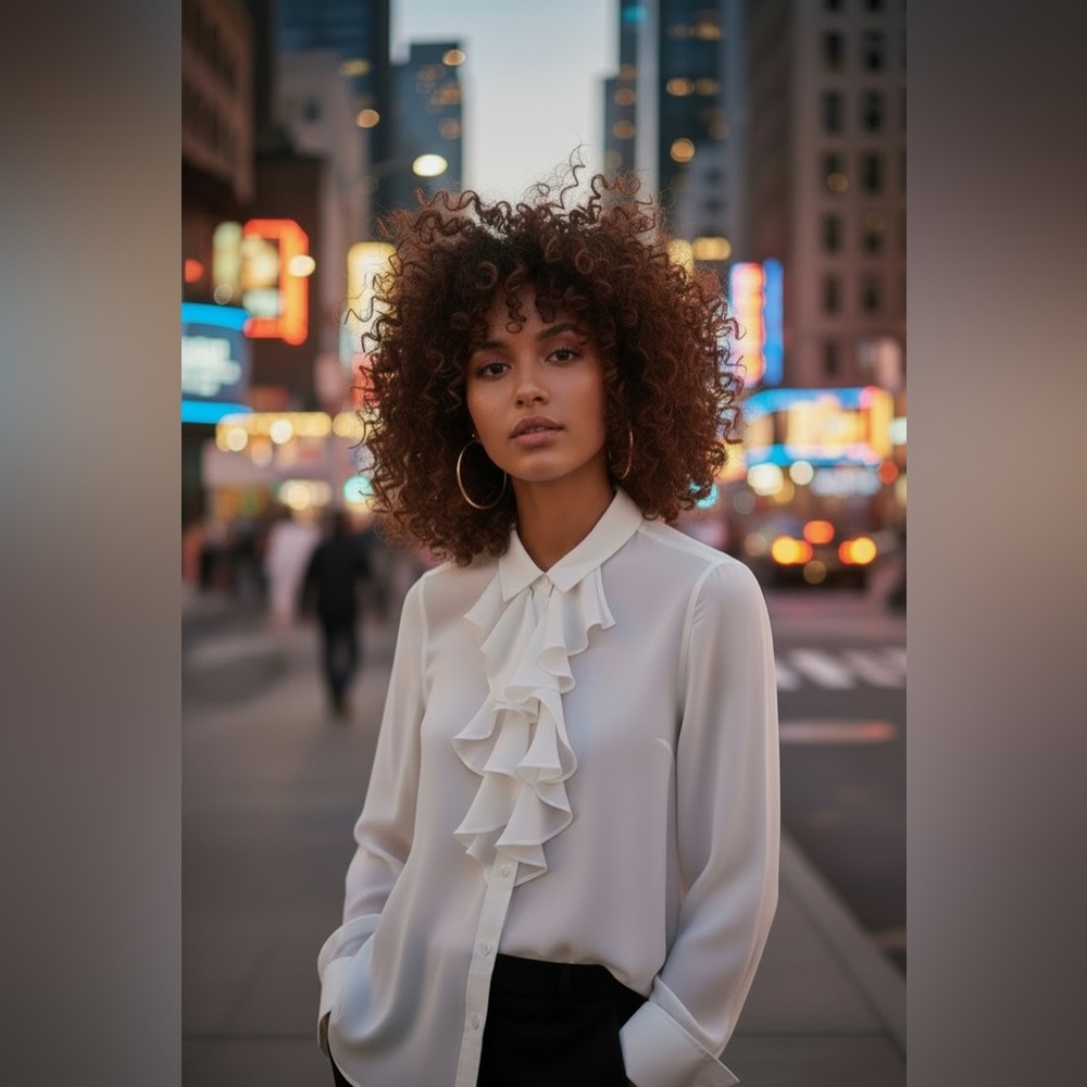 TravelSmith White Jabot Ruffle French Cuff Button Down Collared Blouse